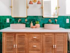 The unofficial term for pairing a wood vanity with rich colors and texture? Ooh la loo! L.A. blogger Kelly Mindell of Studio DIY poshed hers up with shimmery green terra-cotta tile, matte pink concrete sinks from Nood Co., and gleaming accents. “There’s no reason even the most utilitarian items can’t be special,” she says.