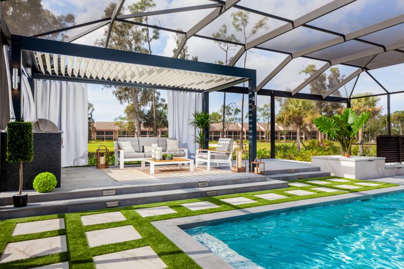 Modern Covered Pool, Pergola at Seating, Faux Turf, Porcelain Pavers