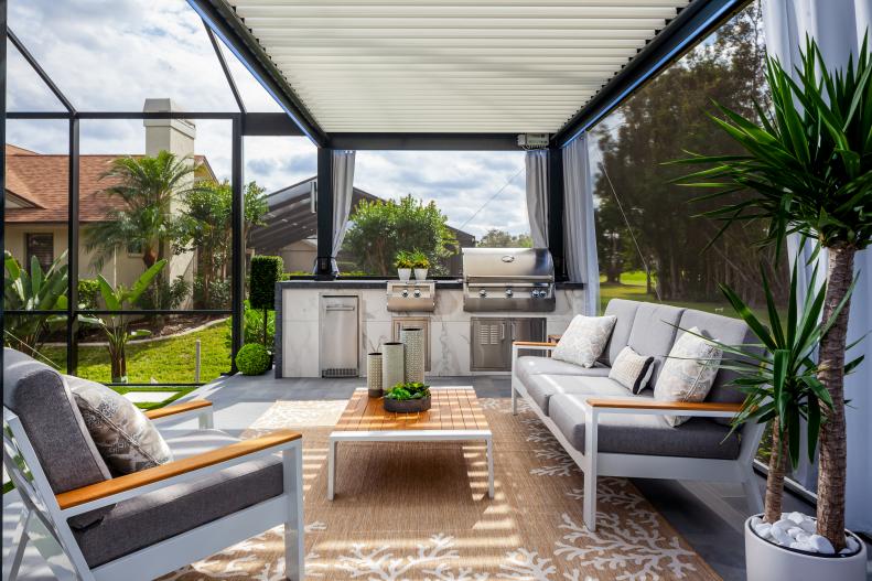 Modern Louvered Pergola at Outdoor Kitchen, Cushioned Outdoor Sofas