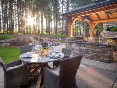 Outdoor Kitchen, Stacked Stone, Patio, Rustic Outdoor Table and Chairs