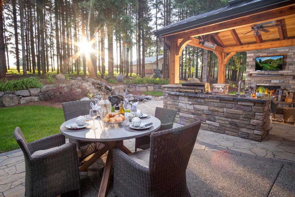Outdoor Kitchen, Stacked Stone, Patio, Rustic Outdoor Table and Chairs