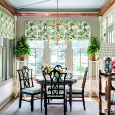 Traditional Breakfast Room With Chandelier and Botanical Window Treatment 