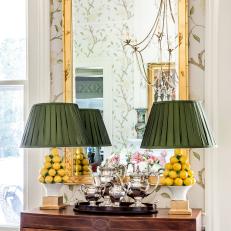 Traditional Dresser With Gold Mirror and Table Lamps 