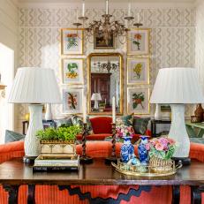 Traditional Living Room With Coral Sofa and White Table Lamps 