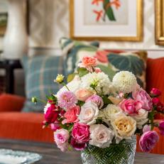Roses, Dahlias and Zinnias in Crystal Vase 