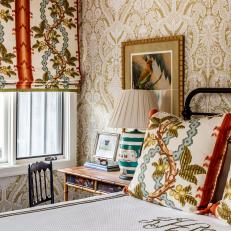 Traditional Bedroom With Damask Wallpaper and Monogrammed Linens 