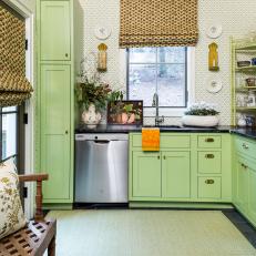 Traditional Mudroom With Green Cabinetry, Dishwasher and Sink 