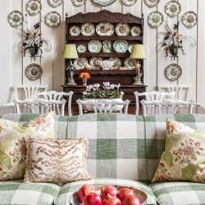 Antique French Dining Hutch With Transferware and Traditional Buffalo Plaid Sofa 