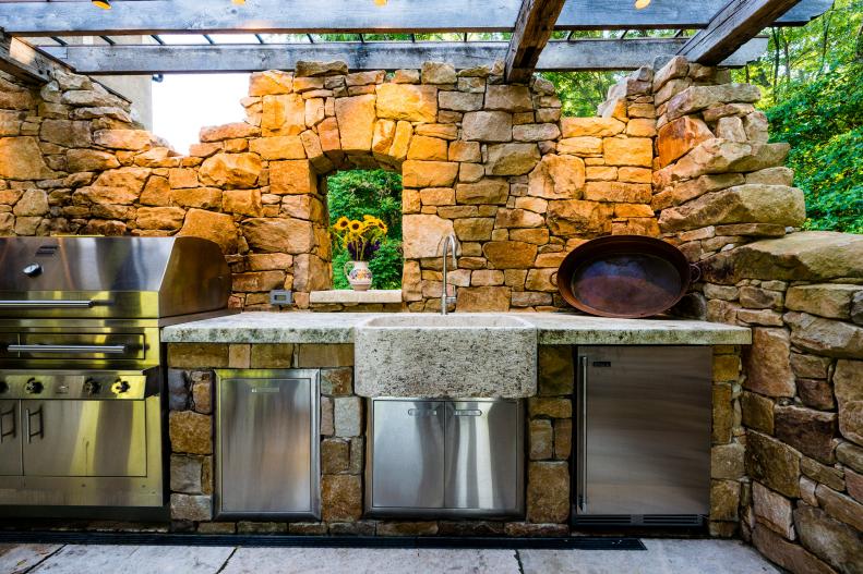 Outdoor Kitchen With Limestone Sink