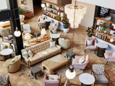 Light-colored furniture decorates the cozy Williamsburg Hoxton hotel