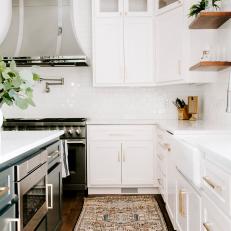 White Transitional Chef Kitchen With Pink Rug