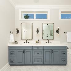 White Main Bathroom With Blue Vanity