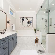 White Transitional Main Bathroom With Gray Slippers