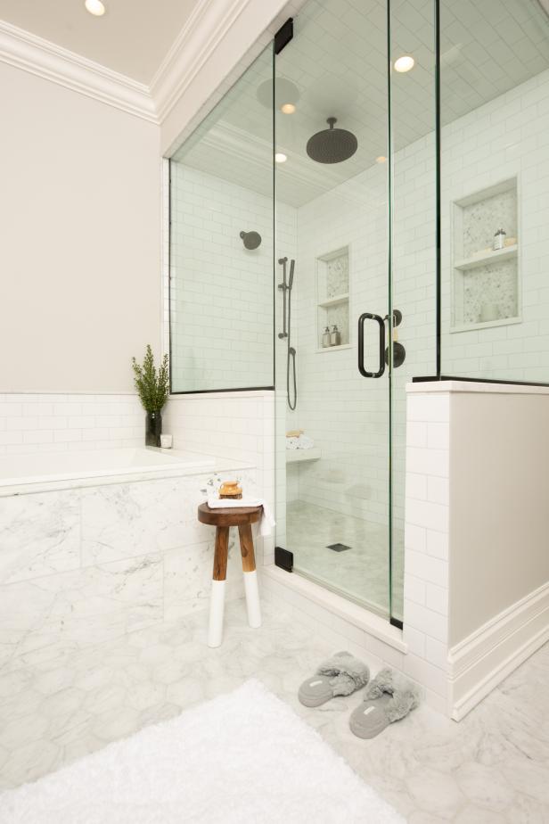 Tub and Walk In Shower With Wood Stool | HGTV