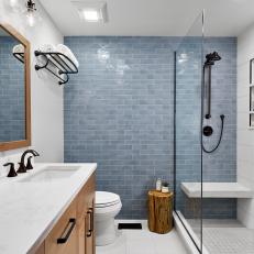 Transitional Bathroom With Blue Tile Accent Wall
