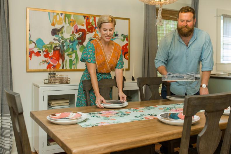 As seen on Home Town, the Cochran residence has been fully renovated by Ben and Erin Napier. The new kitchen and dining room .now features a special wallpaper backsplash, all new fixtures, and two custom built desks by Ben Napier.