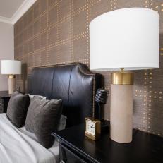 Gray Contemporary Bedroom With Brass Lamp