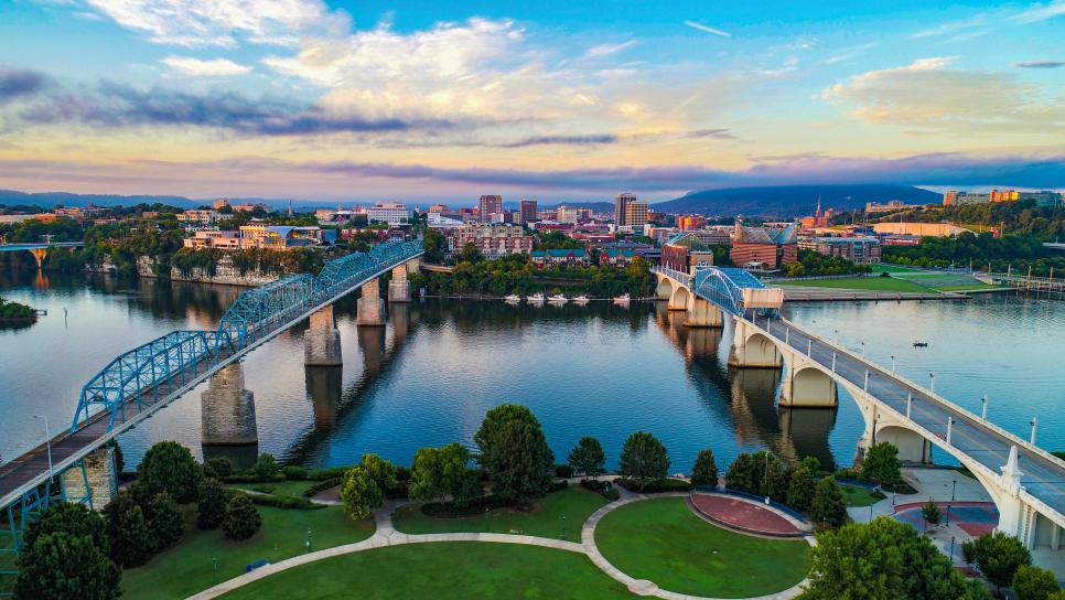An aerial view of Chattanooga, Tennessee's skyline.