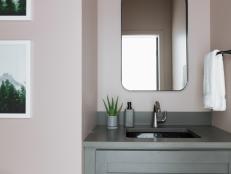 The shaker vanity includes a durable quartz counter that is anti-microbial and stain-resistant, in a rich Carbon color.