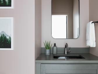 The shaker vanity includes a durable quartz counter that is anti-microbial and stain-resistant, in a rich Carbon color.