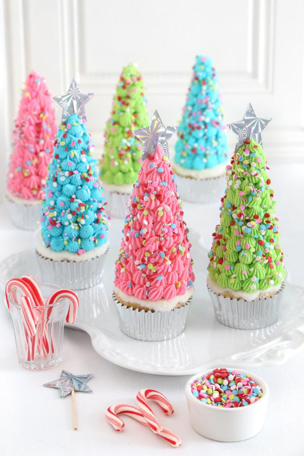 Pink, Green and Blue Christmas Tree Cupcakes