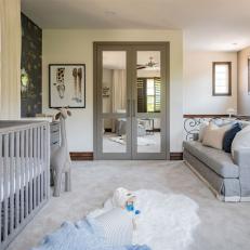 Gray Transitional Nursery With Mirrored Doors