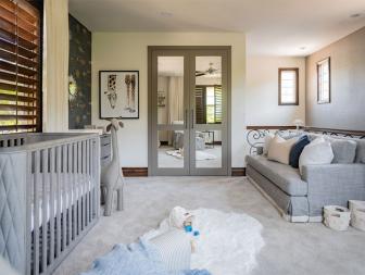 Gray Transitional Nursery With Mirrored Doors