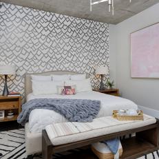 Gray Contemporary Bedroom With Pink Art