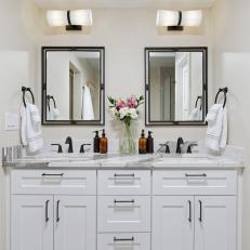 White Double Vanity Bathroom With Black Mirrors