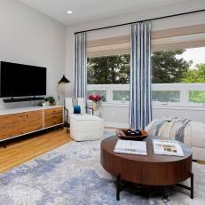 Contemporary Living Room With Blue Striped Curtains