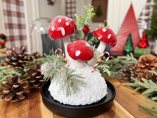 Place the floral ball inside the base of the cloche. Press the Mushrooms on top of the floral foam by sticking in the toothpicks until the stem meets the snow. Add other wintery faux flashes to really complete the look, add the glass and enjoy!