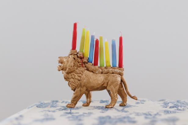Gold Lion Menorah With Colorful Candles