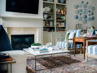 Eclectic Living Room With Striped Blue Chairs