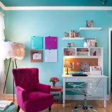 Blue Transitional Teen Room With Pink Chair