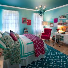 Blue Transitional Teen Bedroom With Pink Throw