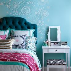 Blue Teen Bedroom With Zebra Stool