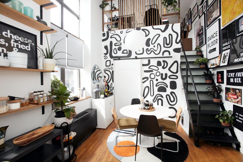 Black and White Stencil on Walls in Loft, Gallery Wall, Dining Table 