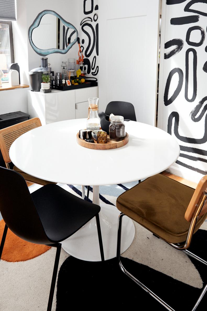 Black and White Stencil Design on Walls of Dining Room, Bar Cart