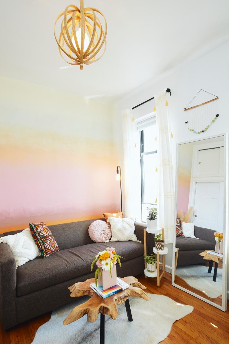 Pink and Orange Mural Wall in Retro Living Room, Wood Coffee Table