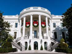 Exterior view of the White House Christmas Decor viewed from the South Lawn as seen on White House Christmas 2021.