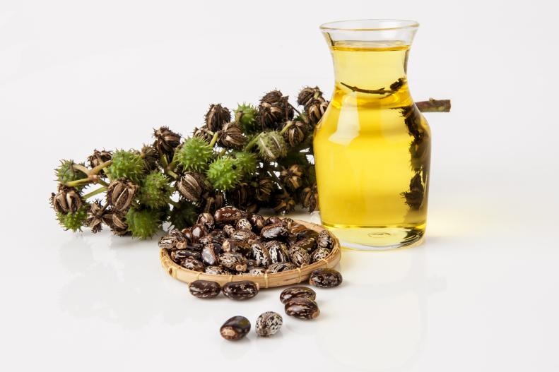 Light golden castor oil is pressed from seeds of castor bean plant.