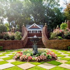 Checkerboard Lawn and Red Brick Steps