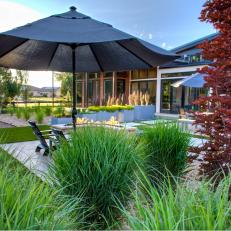Patio With Grasses and Navy Umbrella