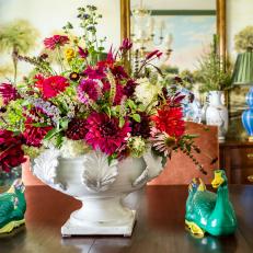 Dining Table Floral Arrangement With Ceramic Ducks 