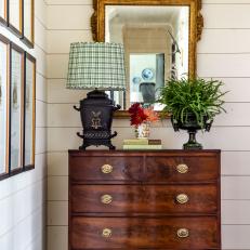 Traditional Dresser With Gilt Mirror, Table Lamp and Fern 