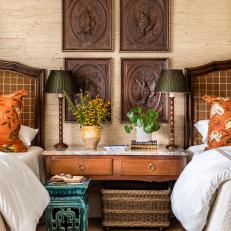Traditional Bedroom With Decorative Wooden Panels and Earth Tones 