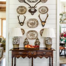 Antler and Dish Display in Traditional Farmhouse Hallway 
