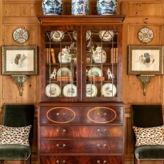 Antique Secretary in Pine Paneled Traditional Farmhouse Living Room 