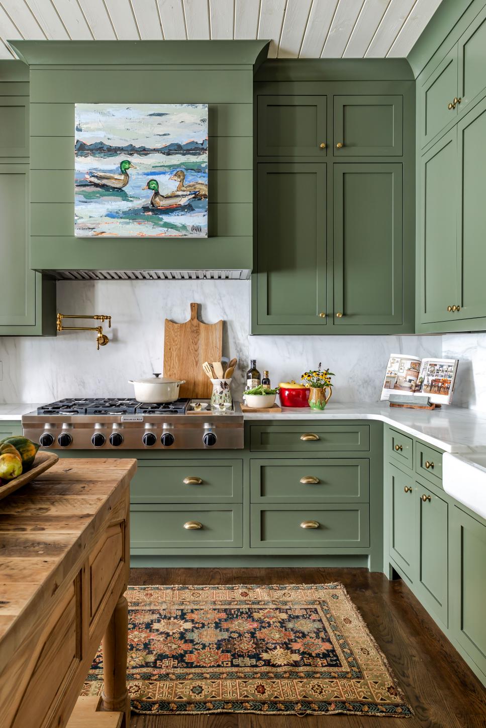 Traditional Farmhouse Kitchen With, Green Kitchen Cabinets Pics