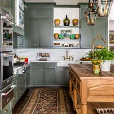 Traditional Kitchen With Green Cabinets, Wooden Island and Antique Runner 